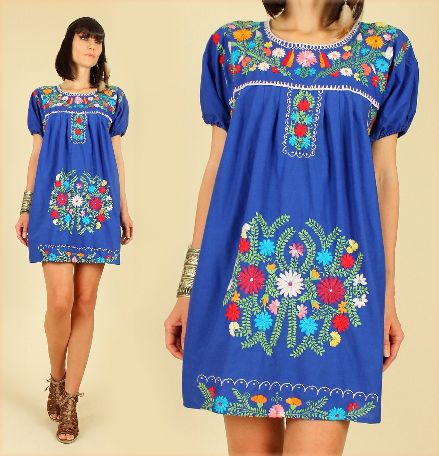 ViNtAgE 70's Hand Embroidered Blue Floral Mexican MiNi Dress