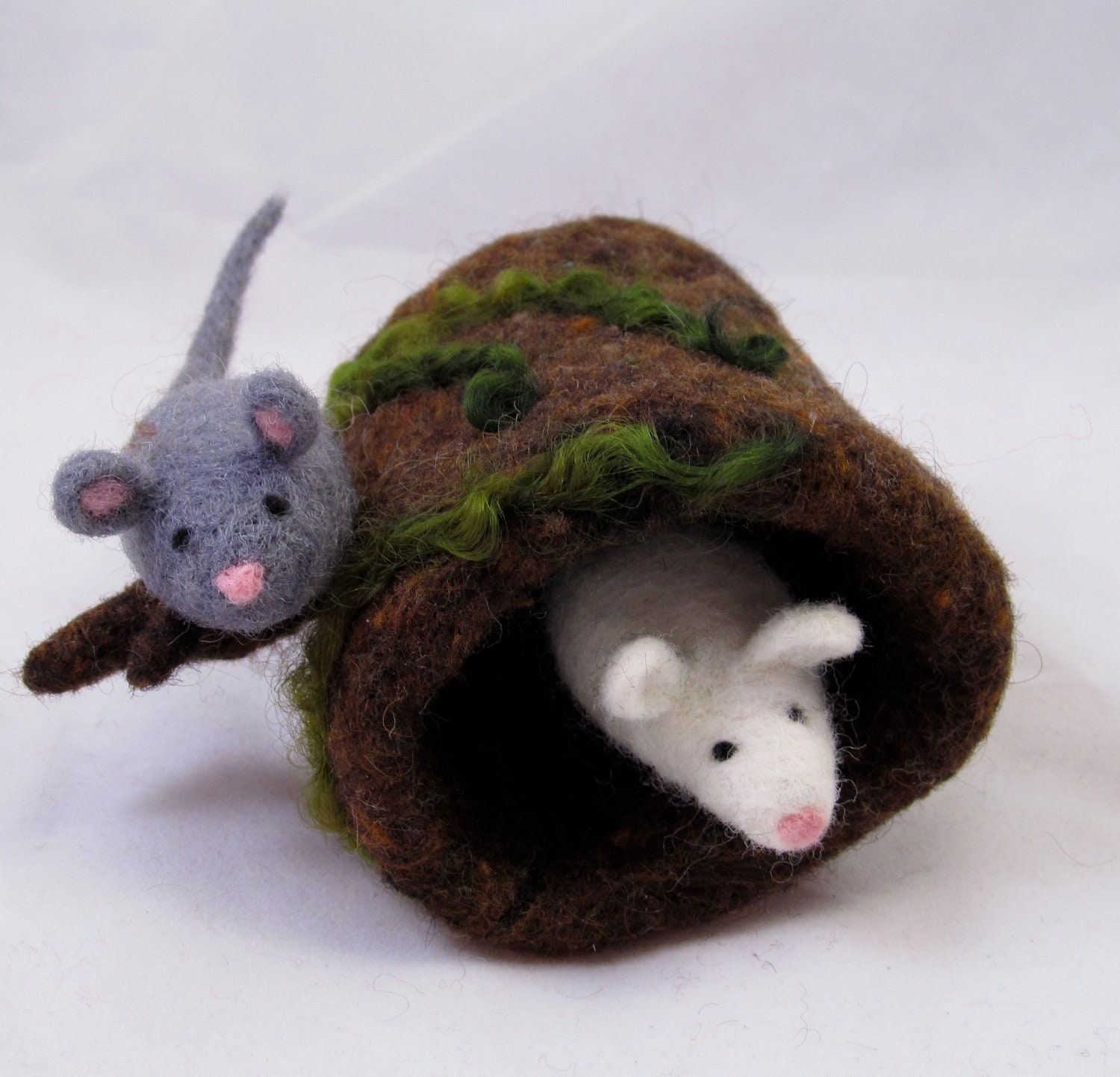 Needle Felted Log Home and Mice - READY TO SHIP