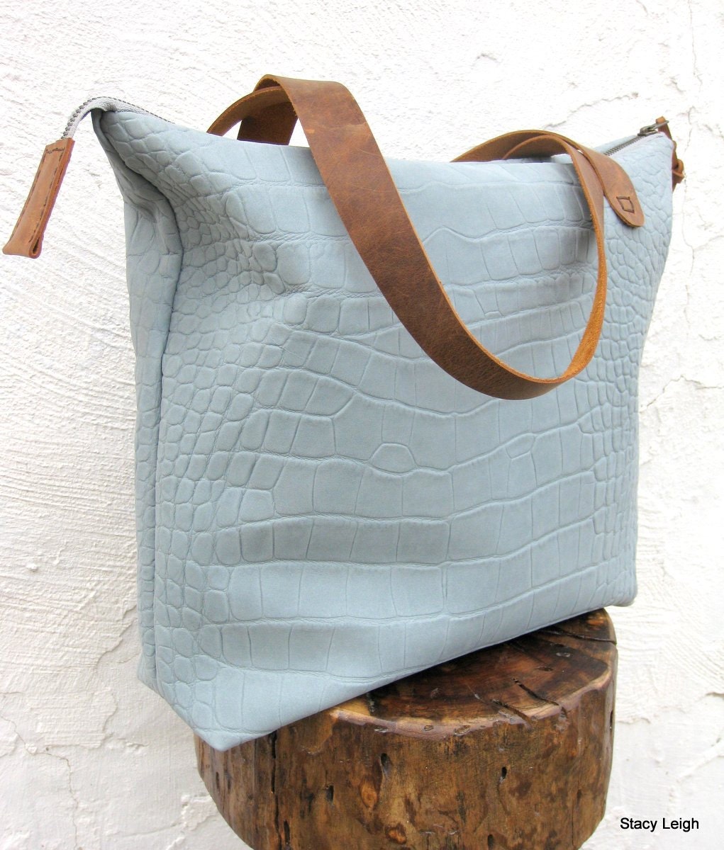 Blue Gray Gator Leather Tote Bag with Brown Mustang Oiled Leather Straps by Stacy Leigh Ready to Ship