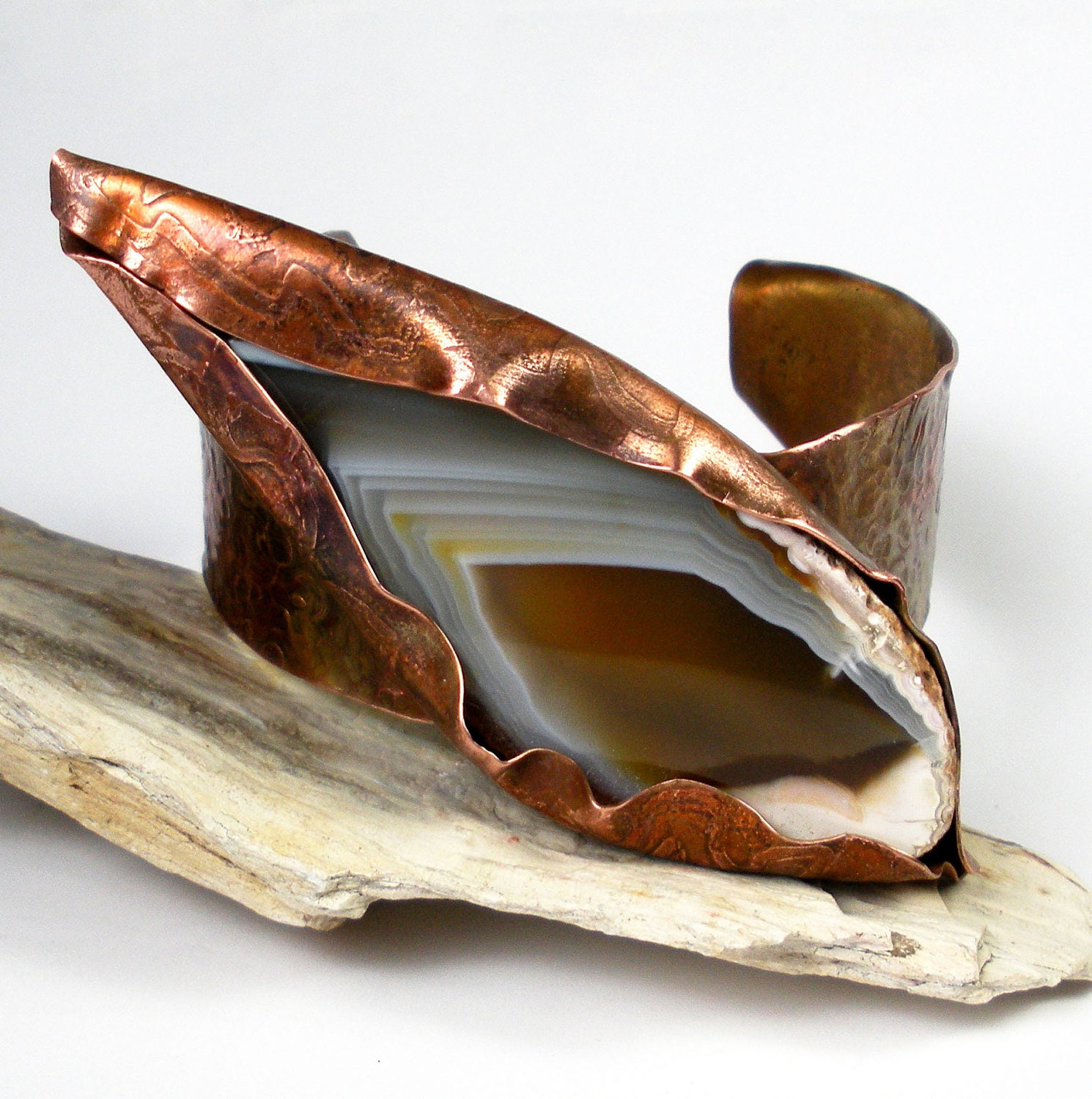 Hammered Copper Cuff Bracelet, Wild, Rustic and Bold Copper Cuff, Hammered and Etched, Large Agate Focal, Heat Patina-Wild Cat Eye