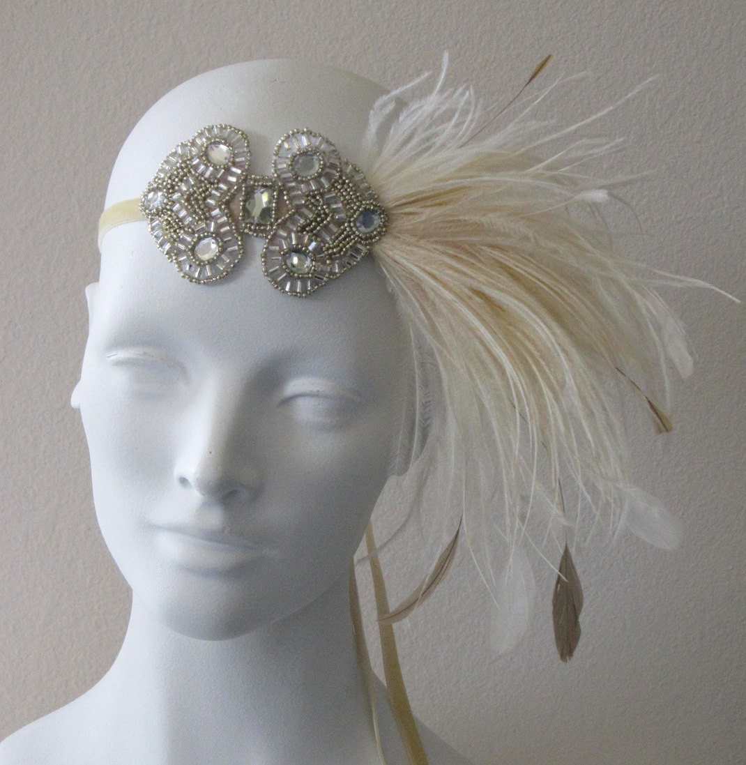 Antique Gold And Ivory  Deco Flapper Feather Headband