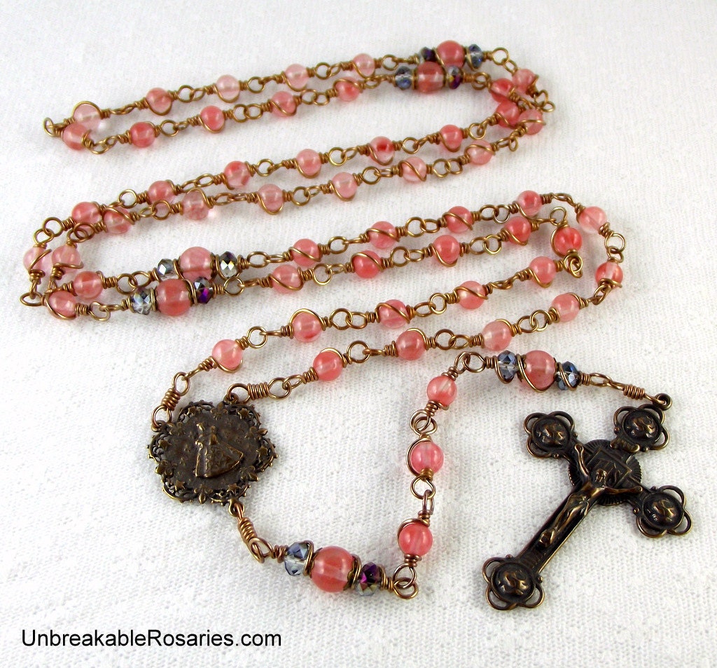 Our Lady of Charity Bronze Rosary Beads in Cherry Quartz La Virgen de La Caridad by Unbreakable Rosaries