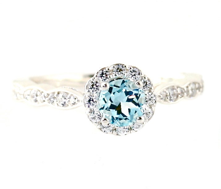 14K Aquamarine Engagement Ring Aquamarine Ring Diamond Halo 14K 18K Platinum Palladium Custom Bridal Jewelry