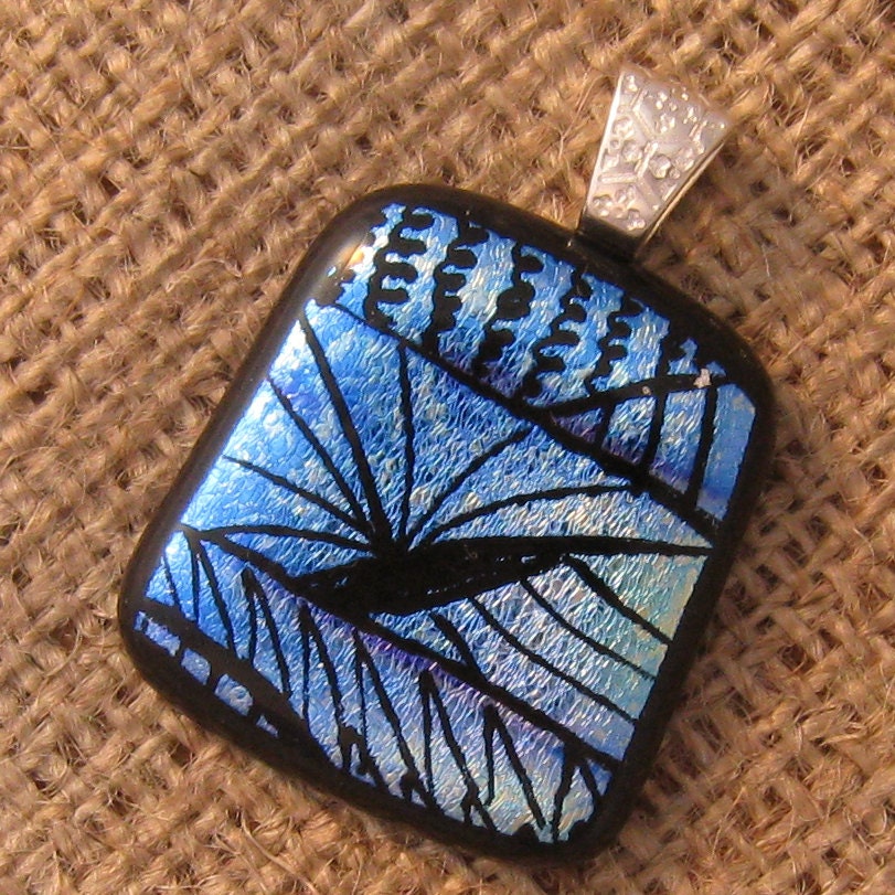 Etched Dichroic Pendant, Fused Glass Pendant, Blue Dichroic Pendant