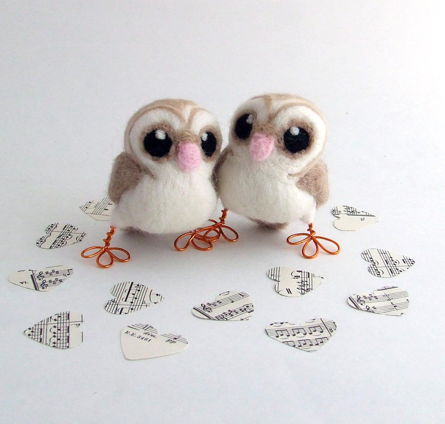 Mini Owl Wedding Cake Topper Barn Owl Pair in soft Browns With Heart shaped Face Felt Birds