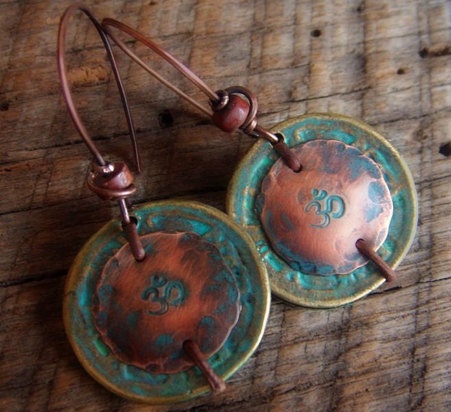 Brass Coins and Copper Aum Beaded Earrings