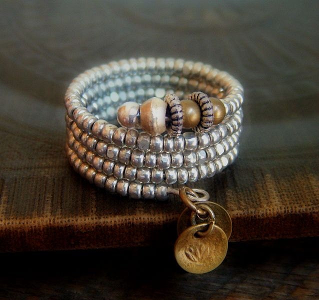 Faceted Silver Glass Beads, African Spacers, Brass rounds and Discs Adjustable Wire Ring