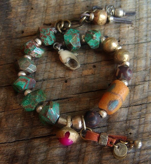 Paisley Jasper, African Beads and Agate Beaded Bracelet
