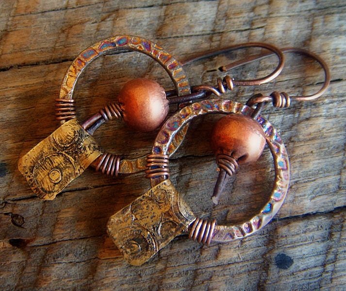 Sterling Hoops, African Copper Globes and Stamped Brass Slab Beaded Earrings