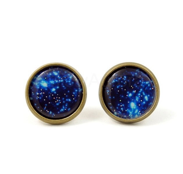 Galaxy Earring Studs - Blue Glitter Space Earring Posts - Planet Jewelry - Galaxy Jewelry