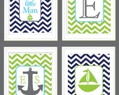 Nursery Decor Set - Nautical Theme Set - Sailboat - Anchor - Chevron - Letter Monogram - Set of Four 8x10 Art Prints