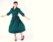 40s 50s Dress - Kelly Green Shirtwaist Dress with 3/4 Sleeves - Medium