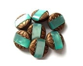6 Antique vintage buttons, bronze color plastic buttons with blue shade trim, 18mm beautiful buttons