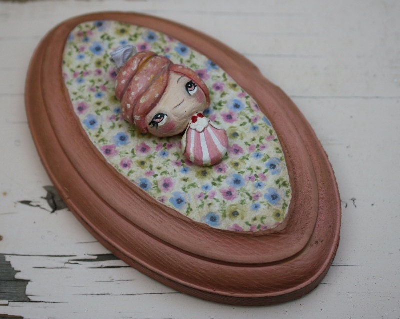Cupcake Porcelain Wall Doll---3 x 5  Oval Wood Plaque