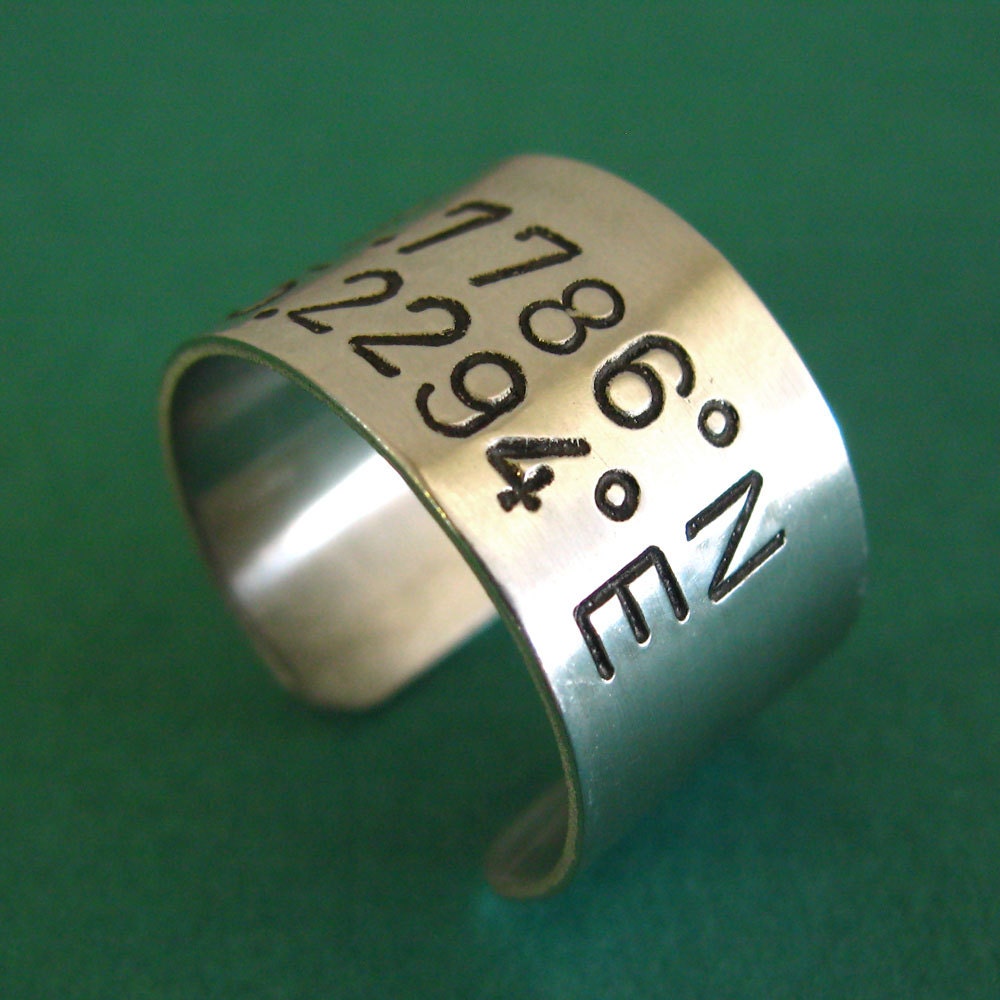 Personalized Latitude and Longitude Ring in Aluminum - Adjustable Ring Wide Band
