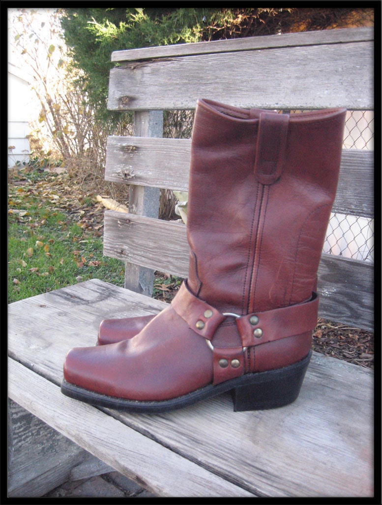 P D Tuff Vintage Brown Leather Motorcycle Harness Boots Made in USA Size 8  NICE