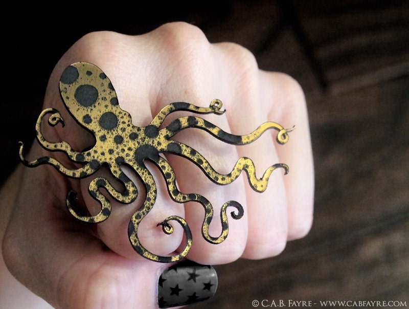 An Octopus Love Affair Ring - Ink Splatter Gold and Black Acrylic (C.A.B. Fayre Original Design) - CABfayre