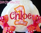 Personalized Bloomers for baby girls toddler- Initial applique Custom design- Fuschia Hot Pink Tangerine Polka Dot Bows