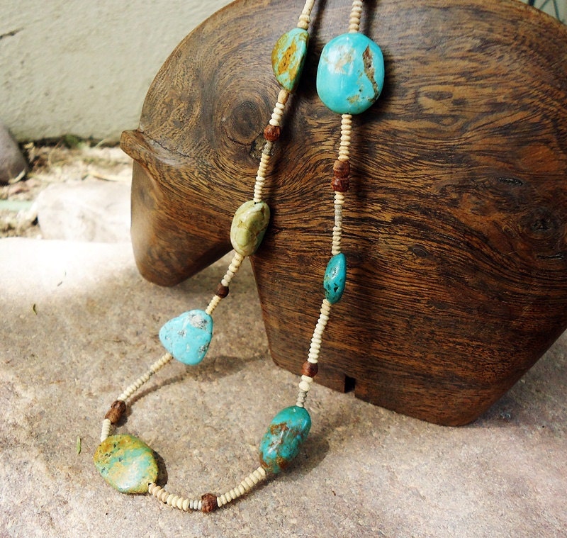 SALE, Long Natural Turquoise & Mali Terracotta Necklace