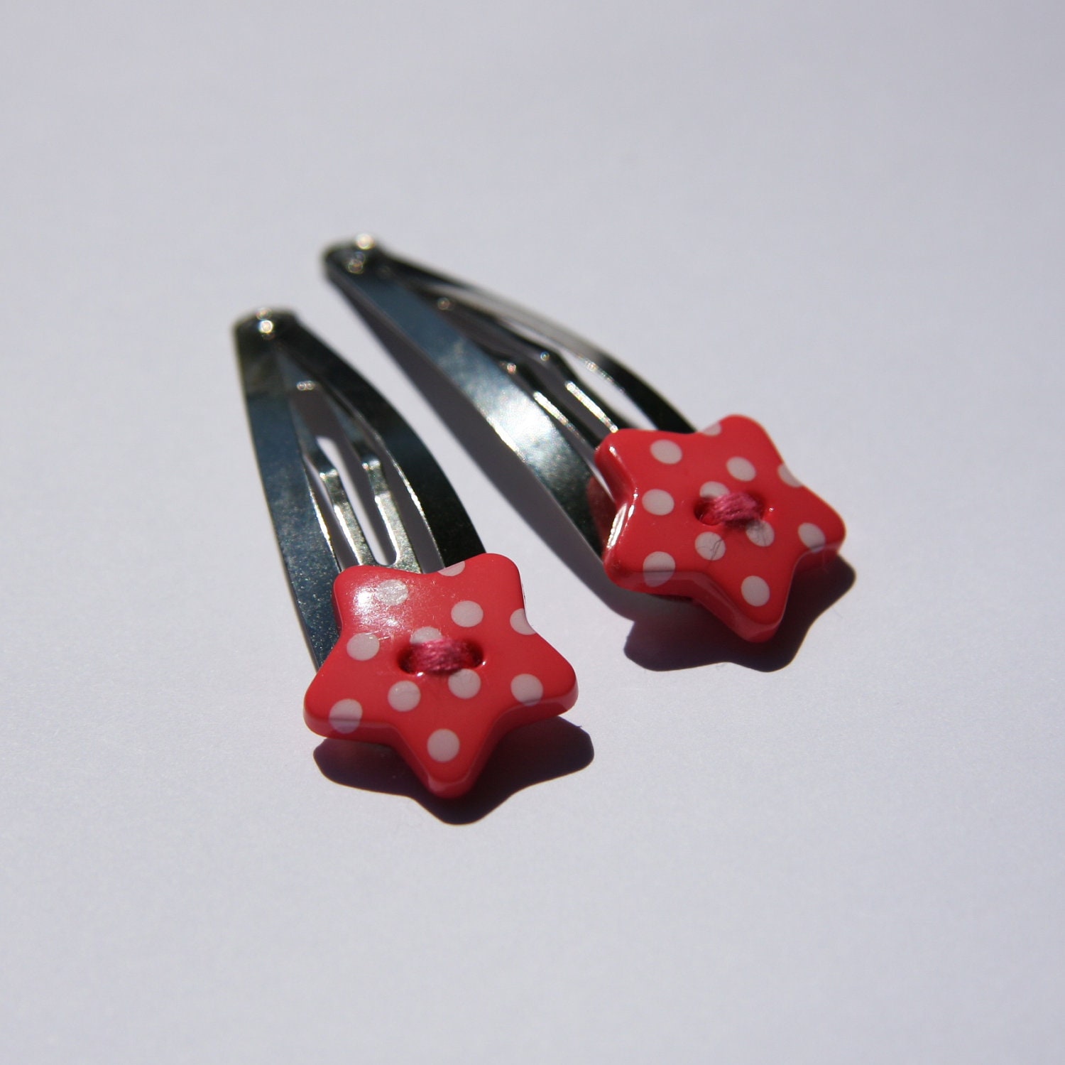 Salmon pink polka dot star buttton hair clips - set of 2