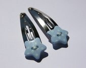 Baby blue polka dot star buttton hair clips - set of 2