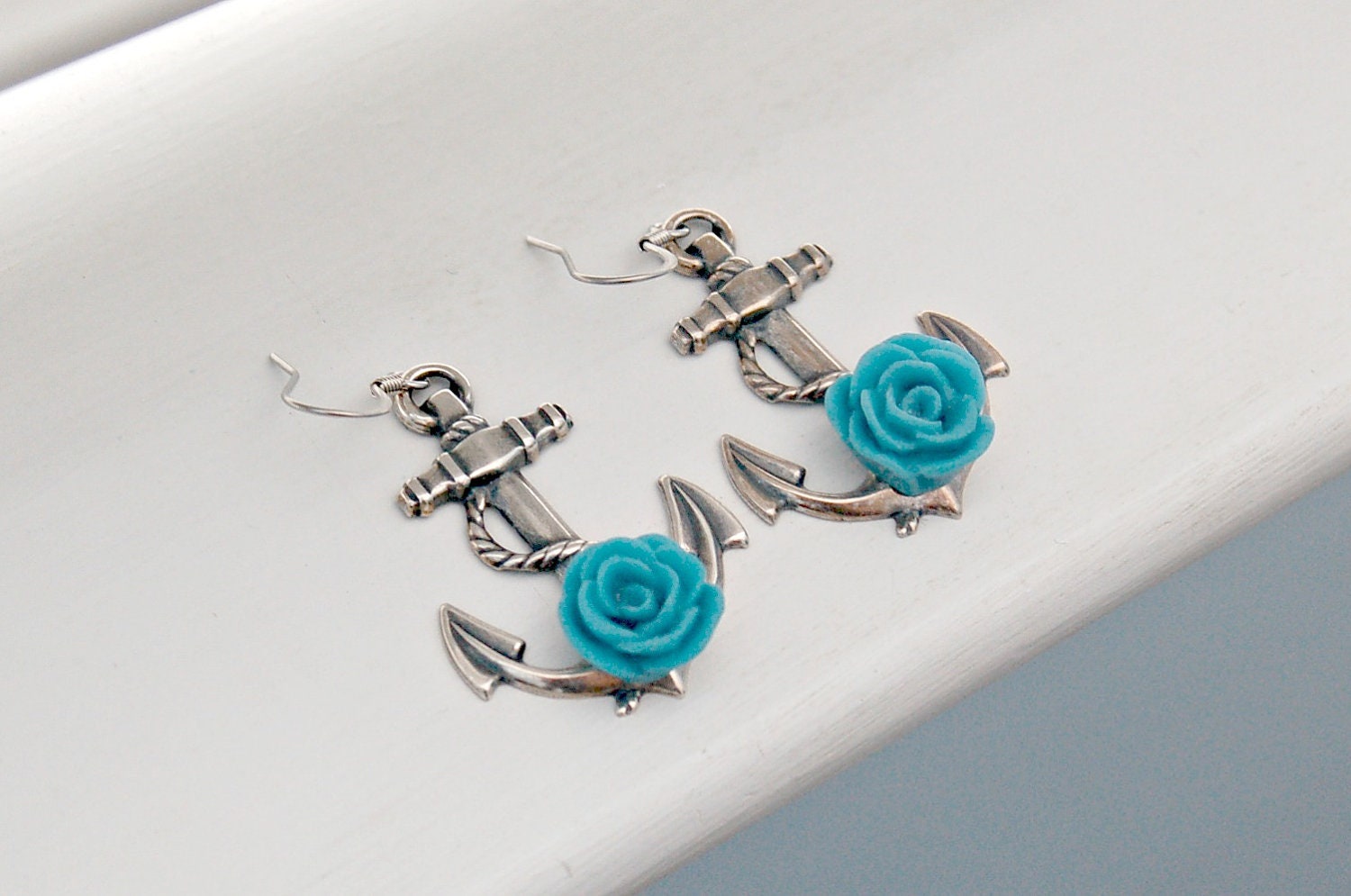 Teal Rose Anchor Earrings - Silver, Summer Fashion, Teal Blue Color