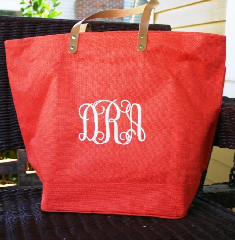 Burnt Orange / Tangerine Monogrammed / Personalized Large Jute Tote Bag