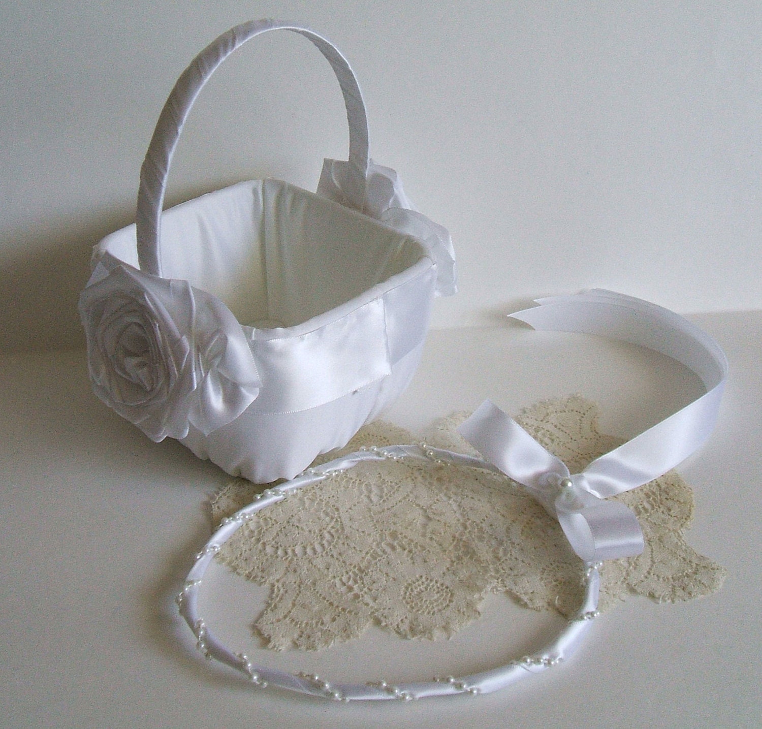 Wedding  Flowergirl Basket & Halo Handmade ROSE Available in White or Ivory