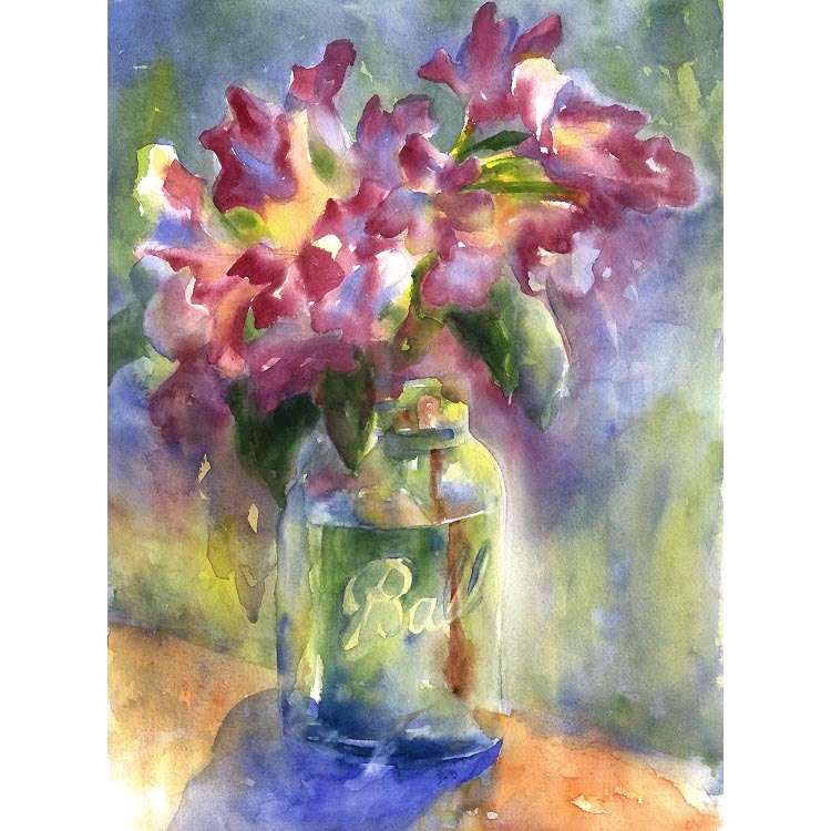 original watercolor painting - azaleas in ball jar - alisa wilcher