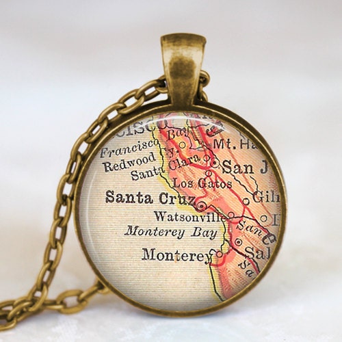 Santa Cruz, California vintage map necklace, santa cruz  pendant, santa cruz jewelry, keepsake memories jewelry