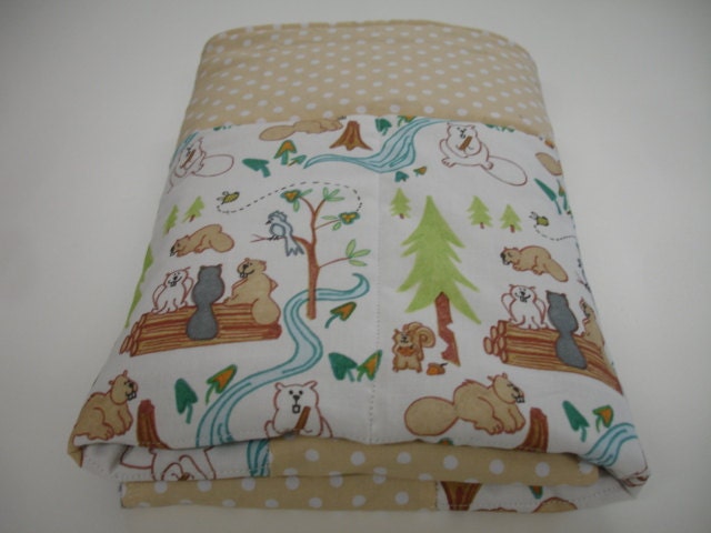 Lazy Beavers in White Minky Baby Crib Blanket 30 x 30 READY TO SHIP On Sale