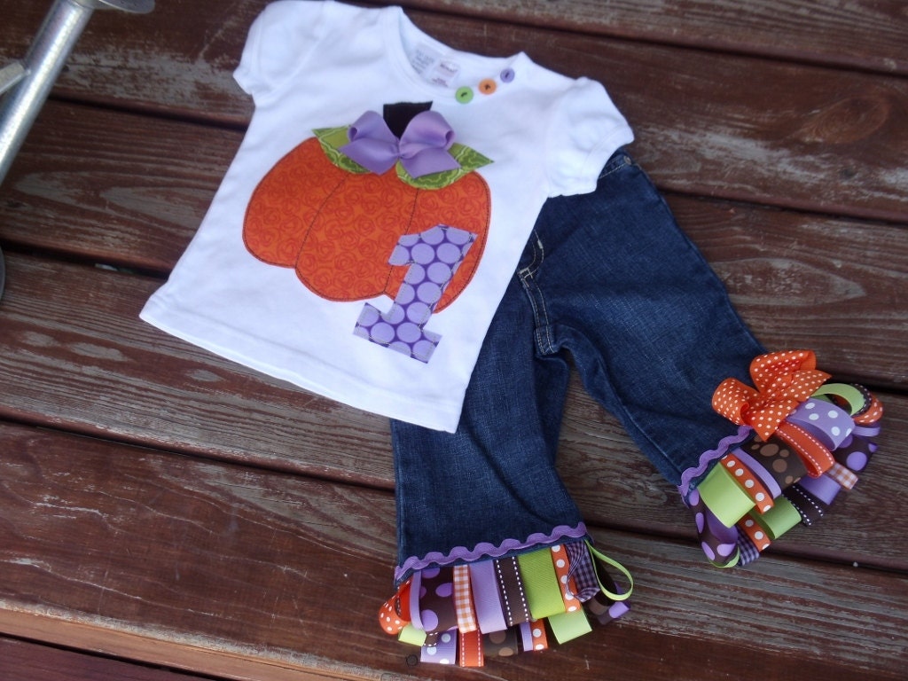 Girls Custom Pumpkin tee and ribbon fringe jeans with initial or birthday number   in sizes 6-12-18-24 mth 2-3-4-5