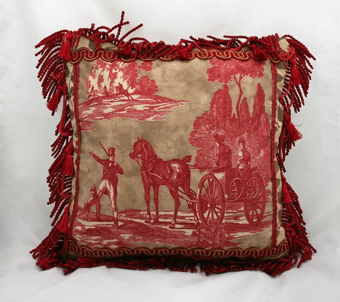 Toile Decorative Pillow Red Tan Beige Equestrian Horse Carriage Berries Designer Cotton