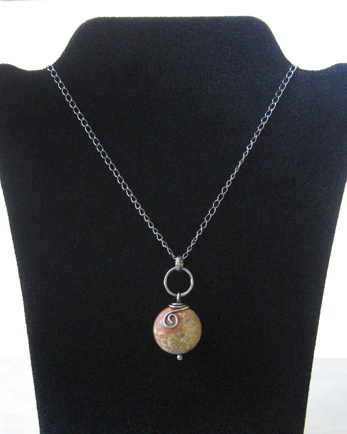 unakite and silver pendant necklace, rustic green and pink pendant necklace