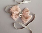 Blush Antique Lace Rhinestone Bow Cuff with Genuine Silver Threaded Grosgrain Ribbon