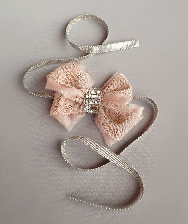 Blush Antique Lace Rhinestone Bow Cuff with Genuine Silver Threaded Grosgrain Ribbon