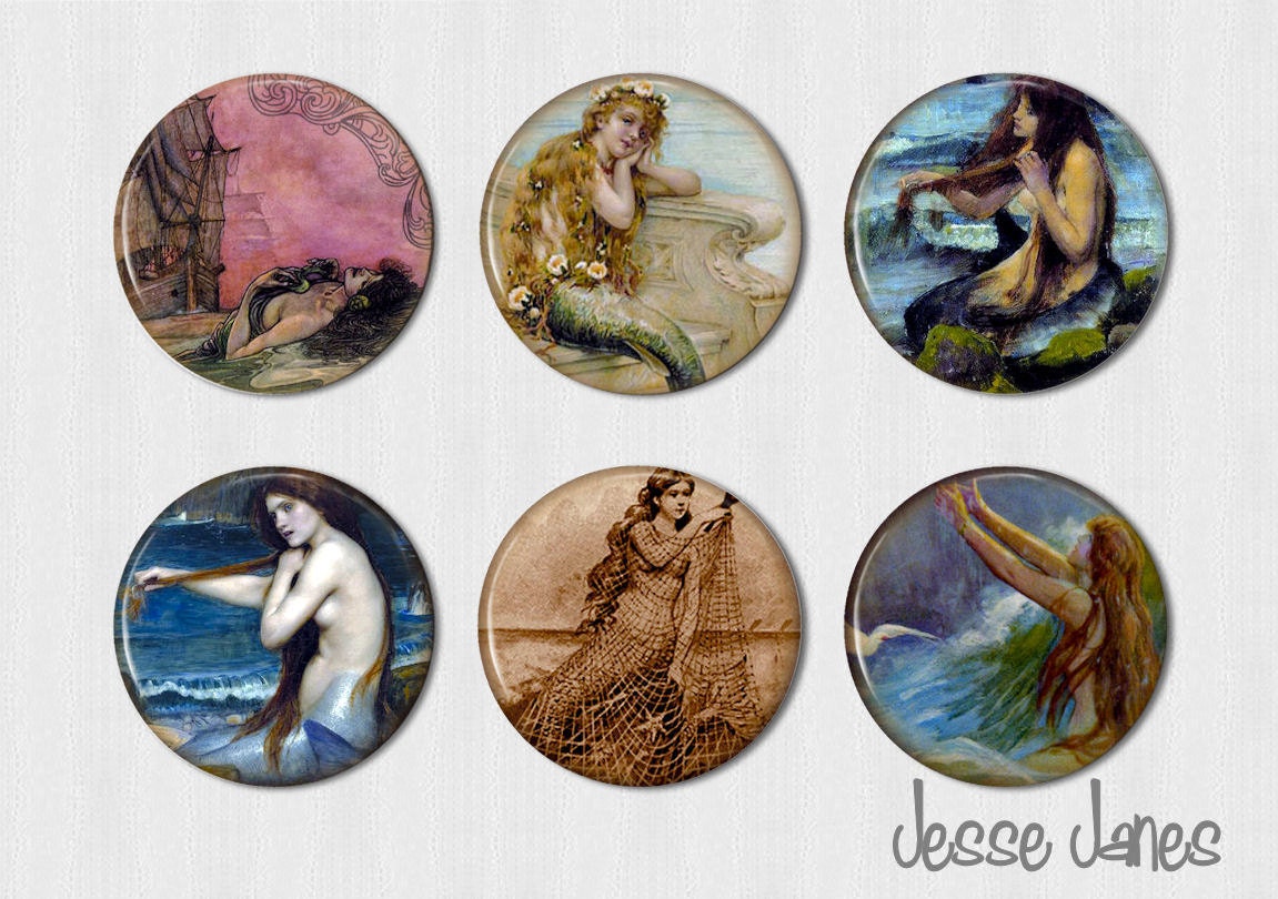 MERMAIDS - 6 pin back buttons, flatbacks, toppers or magnets - please specify during checkout - magnets fit Magnabilities