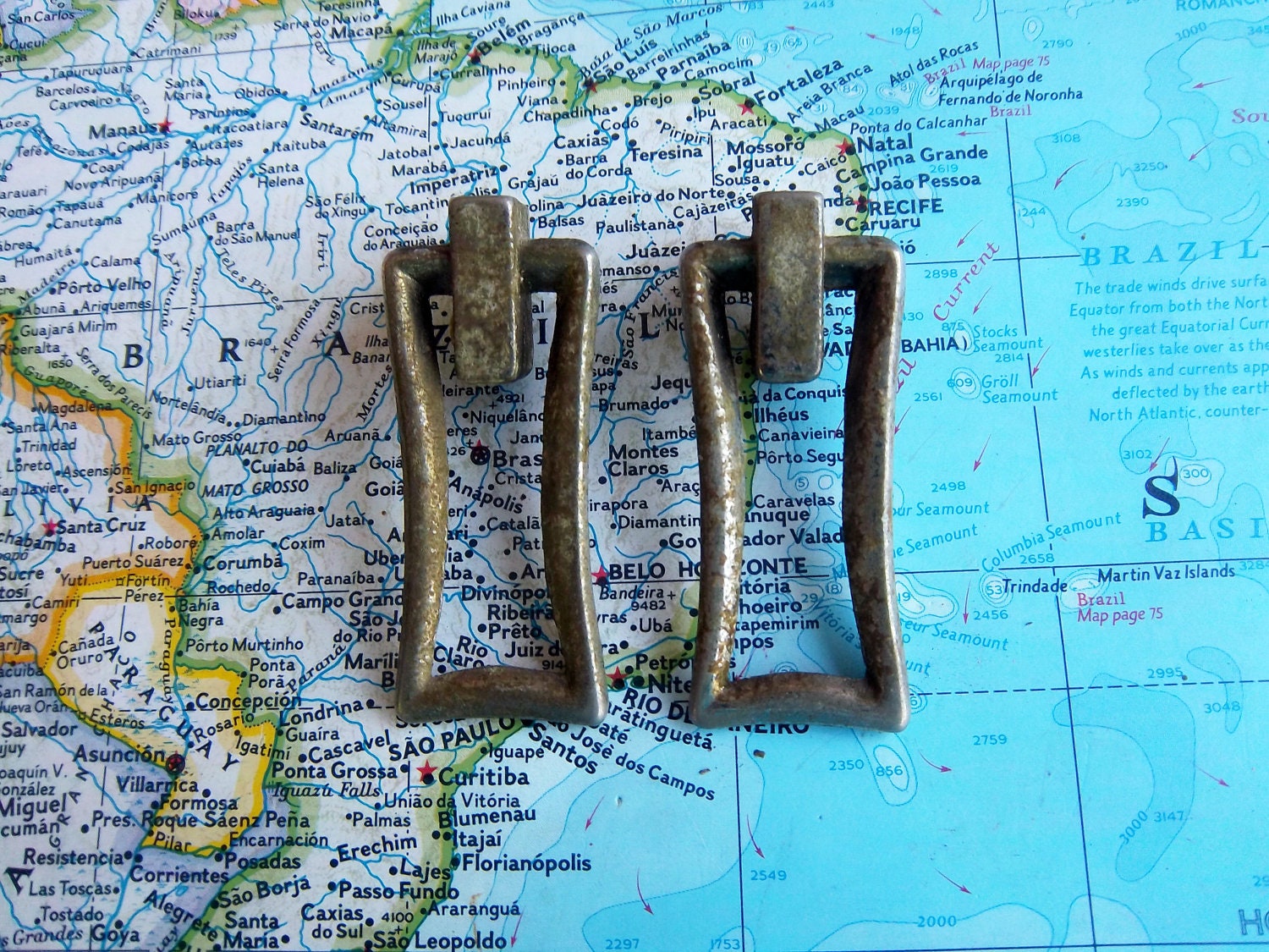 BIG sale 20% off use code THANKS20 - 2 small mid century vintage distressed metal pull handles includes hardware