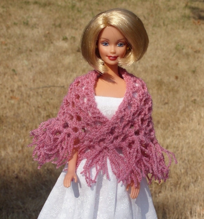 Barbie Knitted Doll Shawl - Shiny Pink Novelty Yarn- Fringe on Bottom Edge