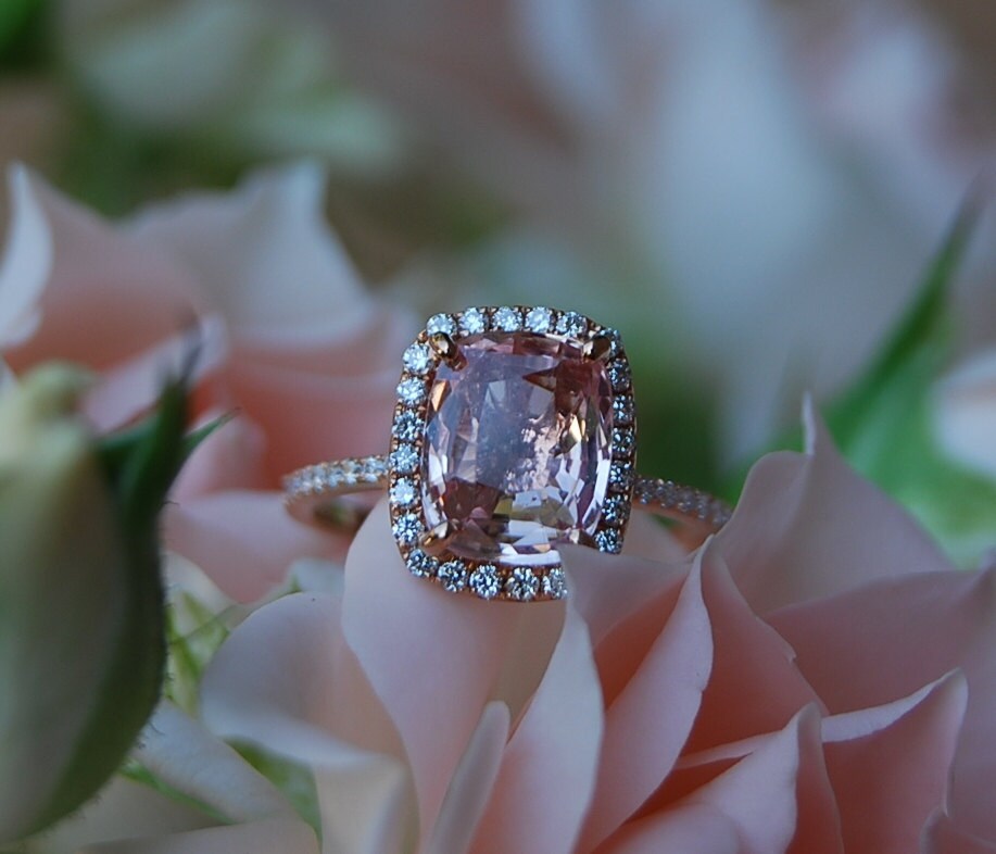 3.1ct Cushion Peach sapphire Champagne sapphire 14k rose gold diamond ring engagement ring