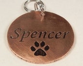 PAW PRINT pet name tag dog id. Copper or brass etched 1" tag.