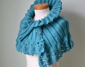 Knitted capelet with lace crochet border aqua turquoise blue H774