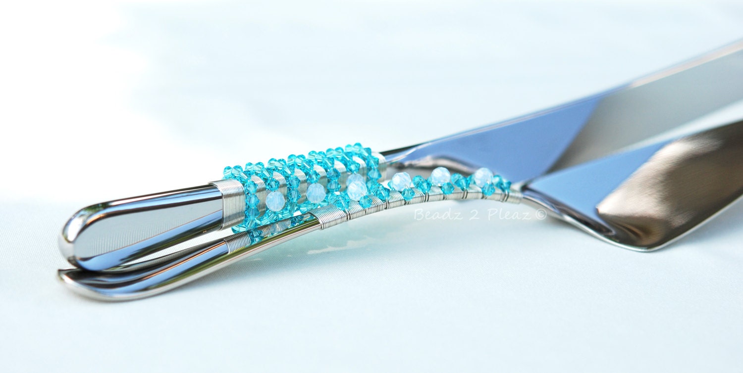 SWAROVSKI Wedding Cake Server And Knife Set Beaded In Pool Tiffany Blue And Opal White Crystal Bling READY to SHIP