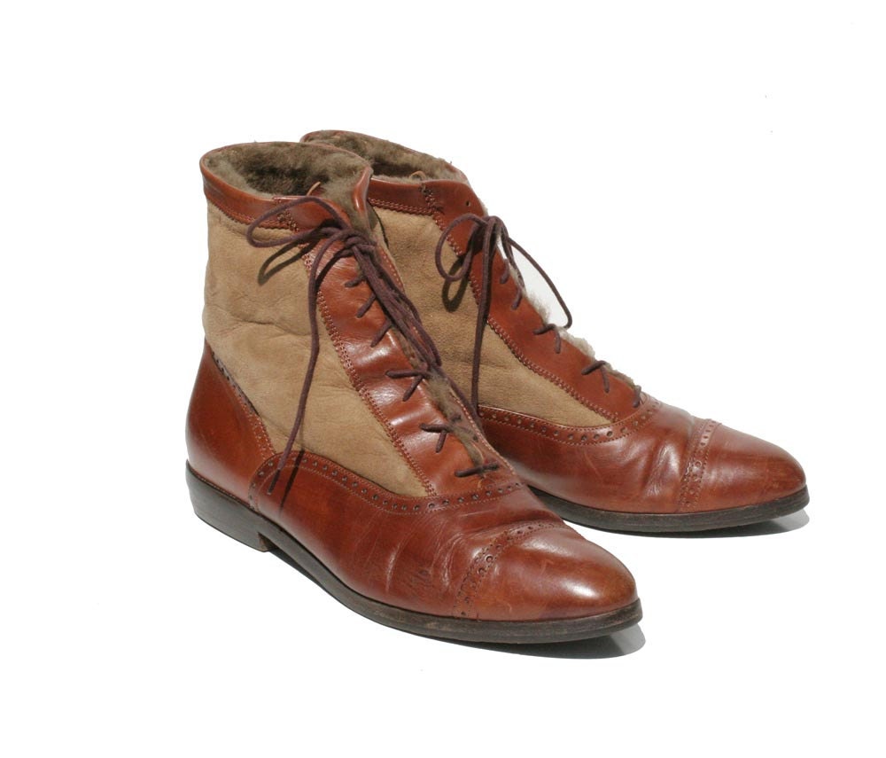 Italian Mocha Brown Leather & Tan Suede Ankle Boots size 8.5