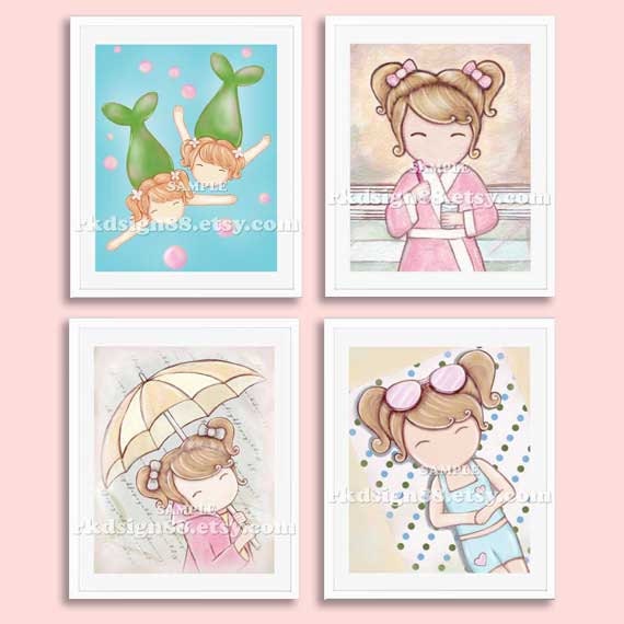 SALE 20% Children's wall art for bathroom baby nursery decor girls room art baby nursery bathroom decor beach decor Set 8x10 FREE SHIPPING