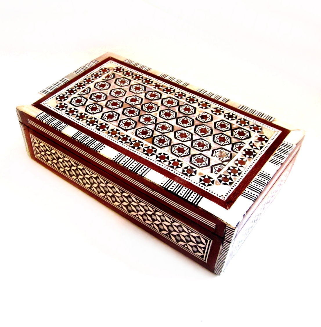 Vintage Jewelry Box, Wood, Mother of Pearl Shell Inlay