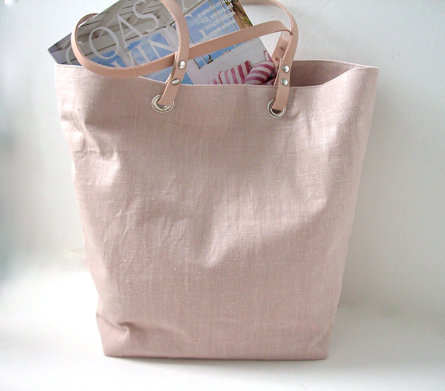 Beach Bag,  Linen Tote Bag, Blush Linen with Nude/Natural Leather Handles. Casual Tote for Women  (Last One)
