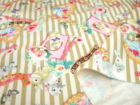 One Yard Japanese Cotton Kokka Fabric Bunny Rabbit Frame Stripes Ribbon