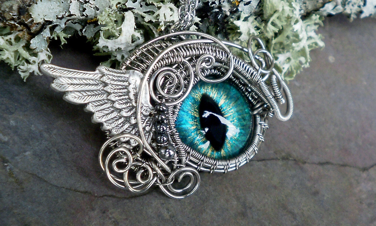 SOLD Steampunk Gothic Winged Cat Eye Pendant in Blue Green