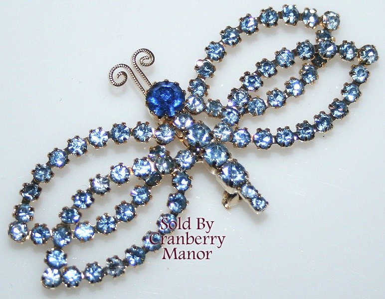 Vintage Blue Rhinestone Butterfly Brooch